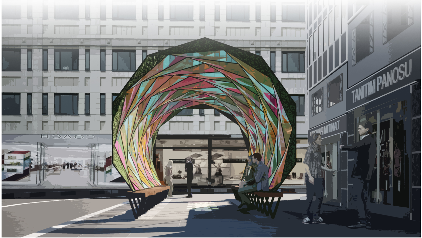 Colorful canopy enhances urban social spaces.
