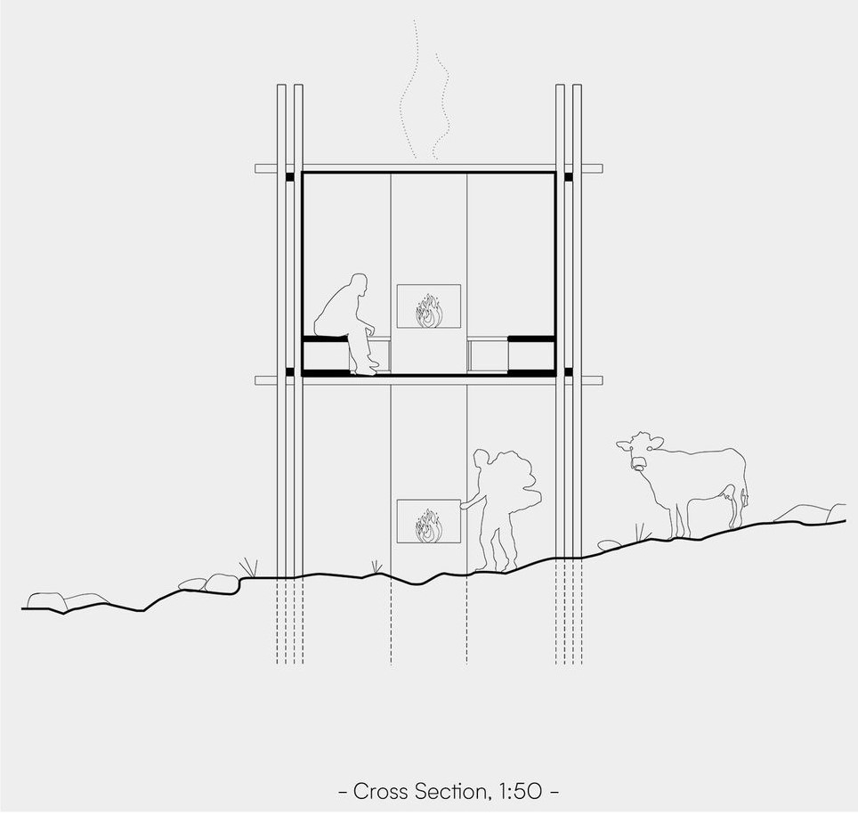 "Above" cabin: Cross-section revealing fire-centric design.