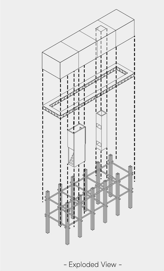 "Above" cabin: Exploded view, revealing structure and assembly.