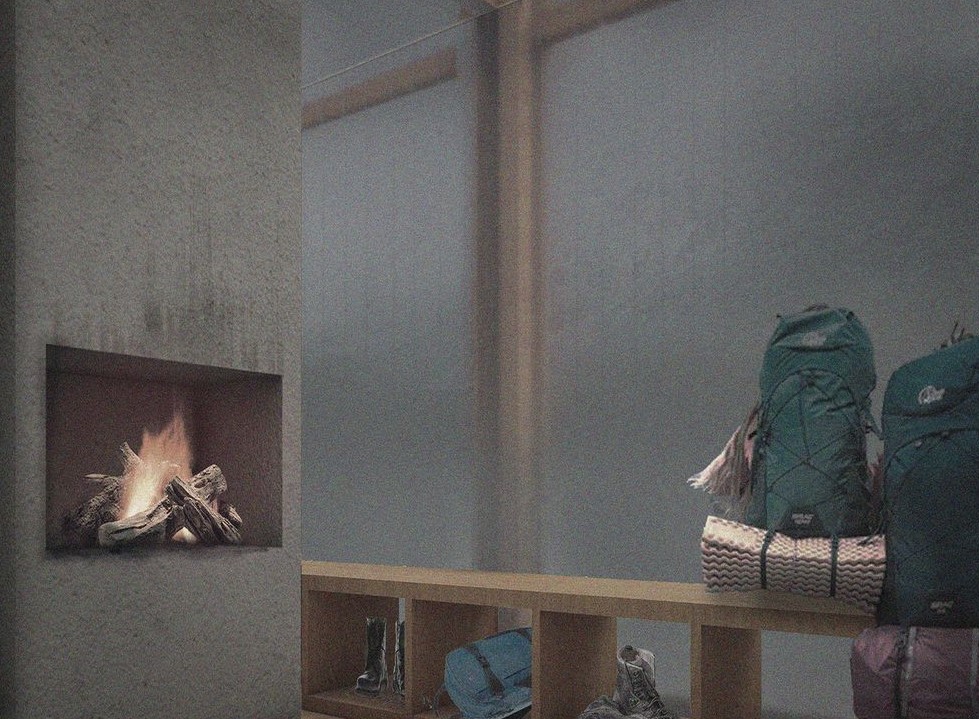 "Above" cabin: Fireplace's warmth, hiker's respite.