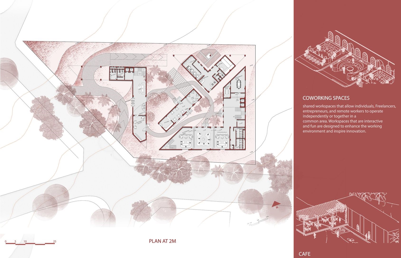 Ground floor plan featuring coworking spaces and a cafe.