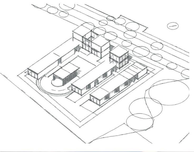 Sketch showcasing the center’s modular architectural layout.