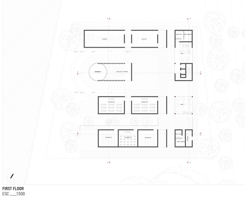 First floor plan highlighting functional zones and courtyards.
