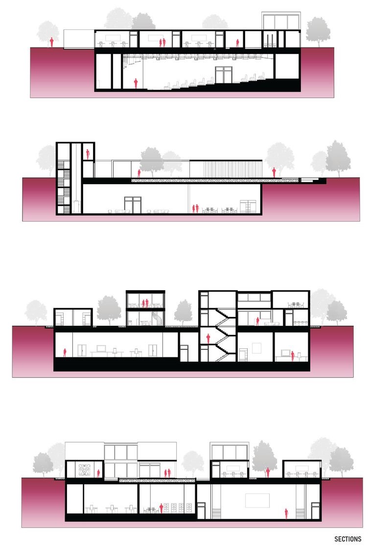 Cross-sections detailing interior spaces and structural elements.