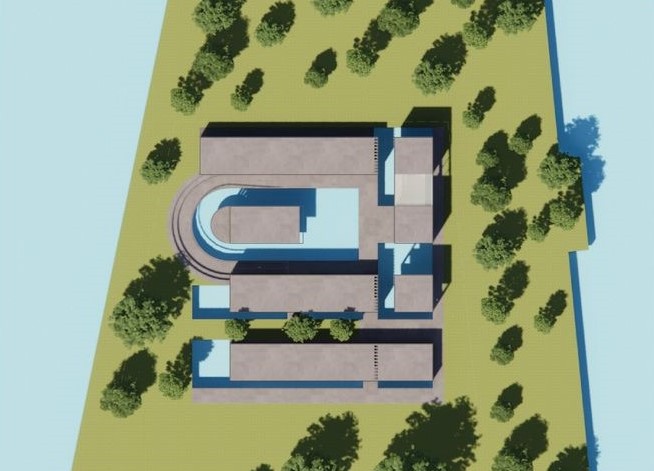 Aerial view highlighting the center's layout and greenery.