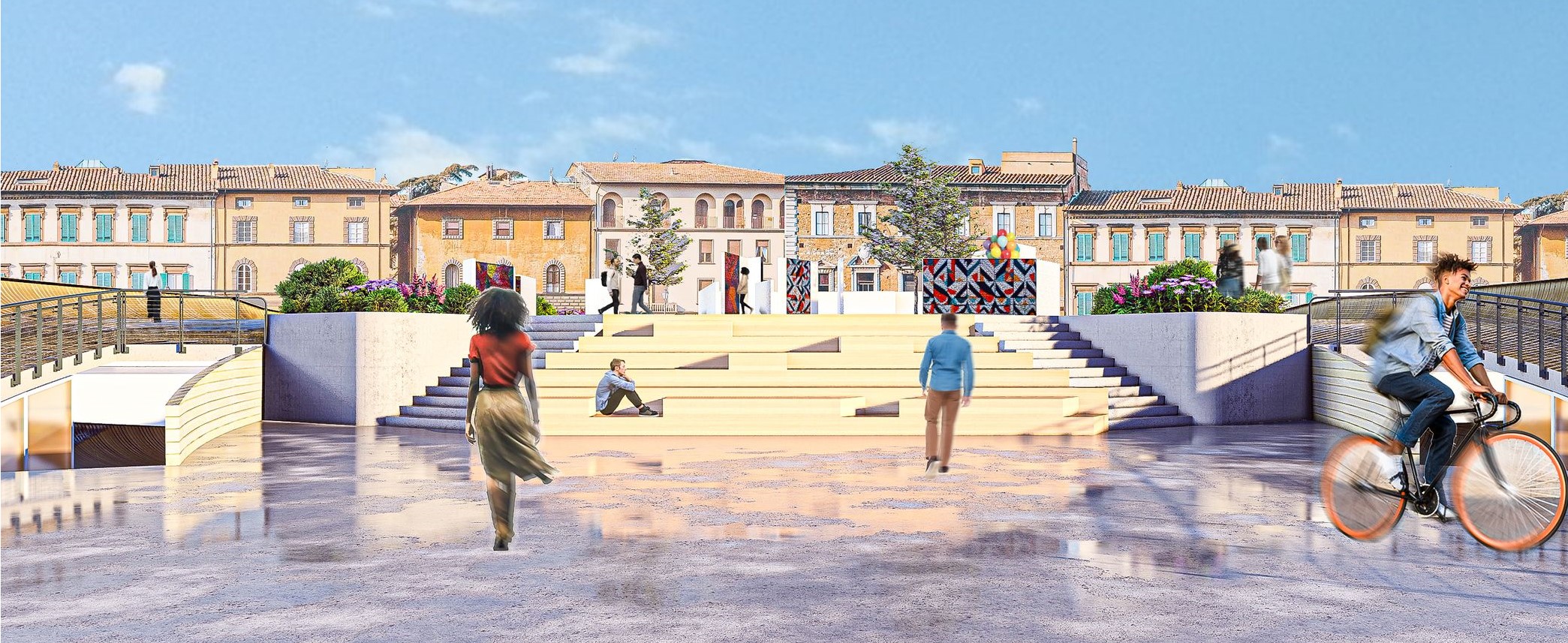 Vibrant artisan space with interactive social stairs.