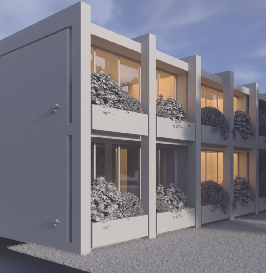 Modern facade with integrated greenery elements.
