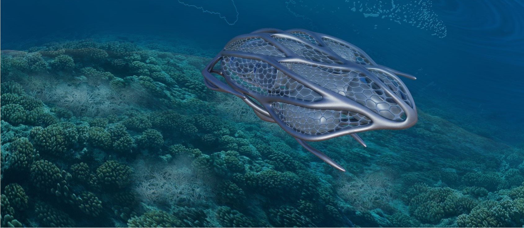 Underwater lab monitoring reef health and restoration.