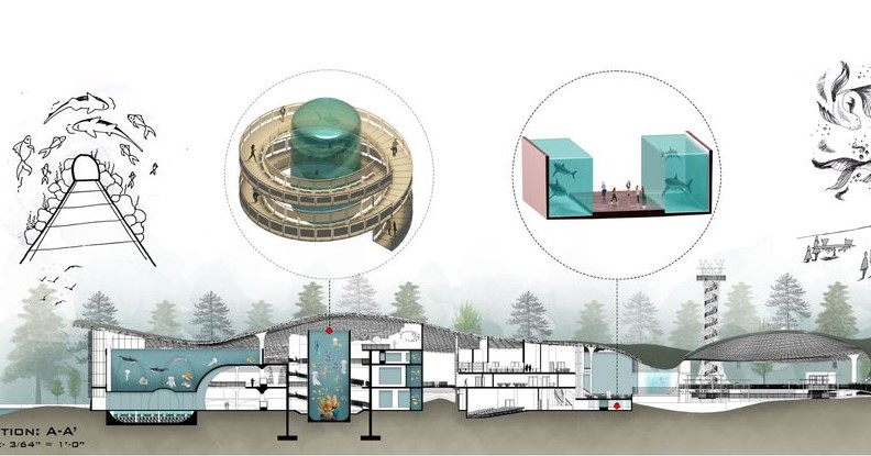 Immersive design: Aquarium section revealing integrated marine habitats.