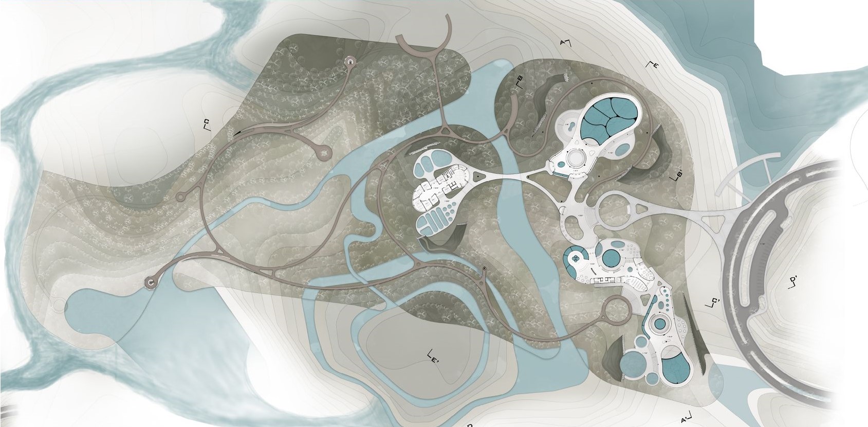 Seamlessly integrated: Aquarium complex respecting Sonadia's natural contours.