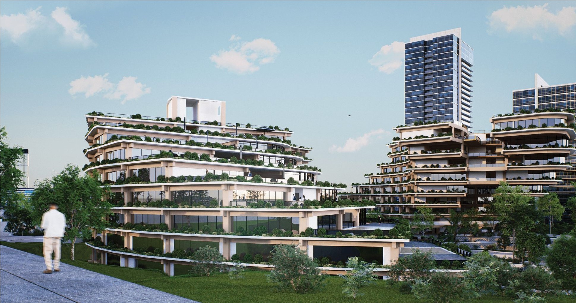 Tiered co-living spaces surrounded by greenery and modern architecture.
