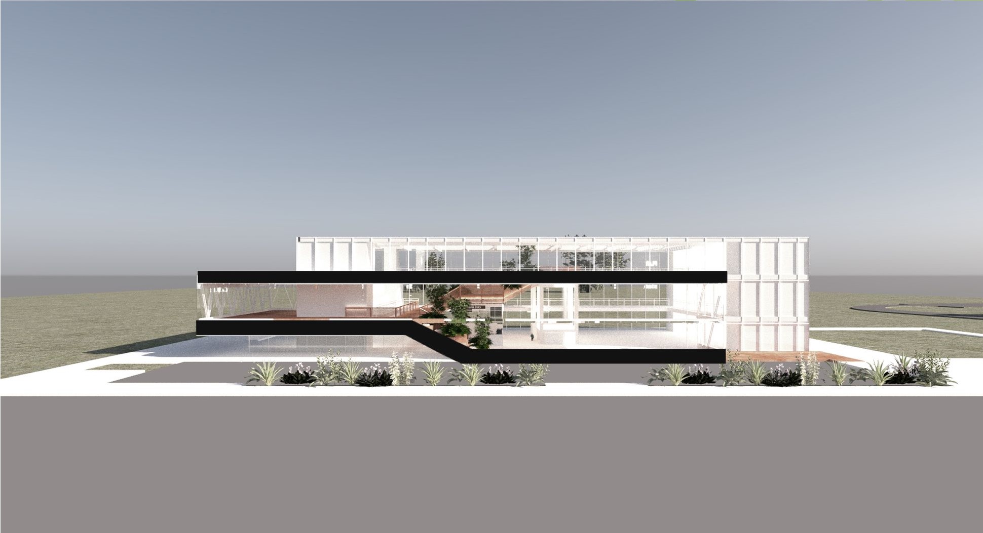 Modern glass structure blends nature and architecture.