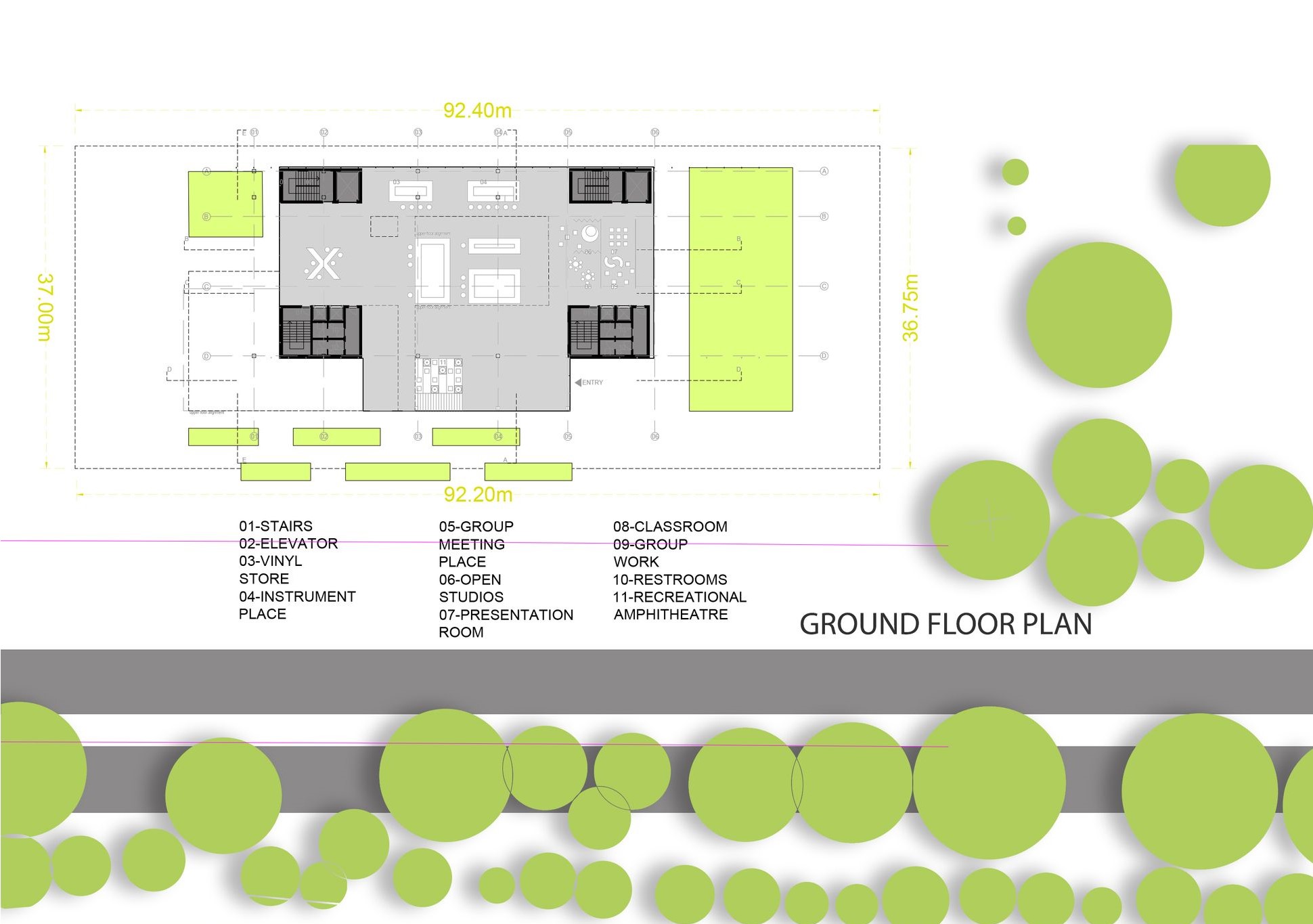 Ground floor plan for a music and performance center.
