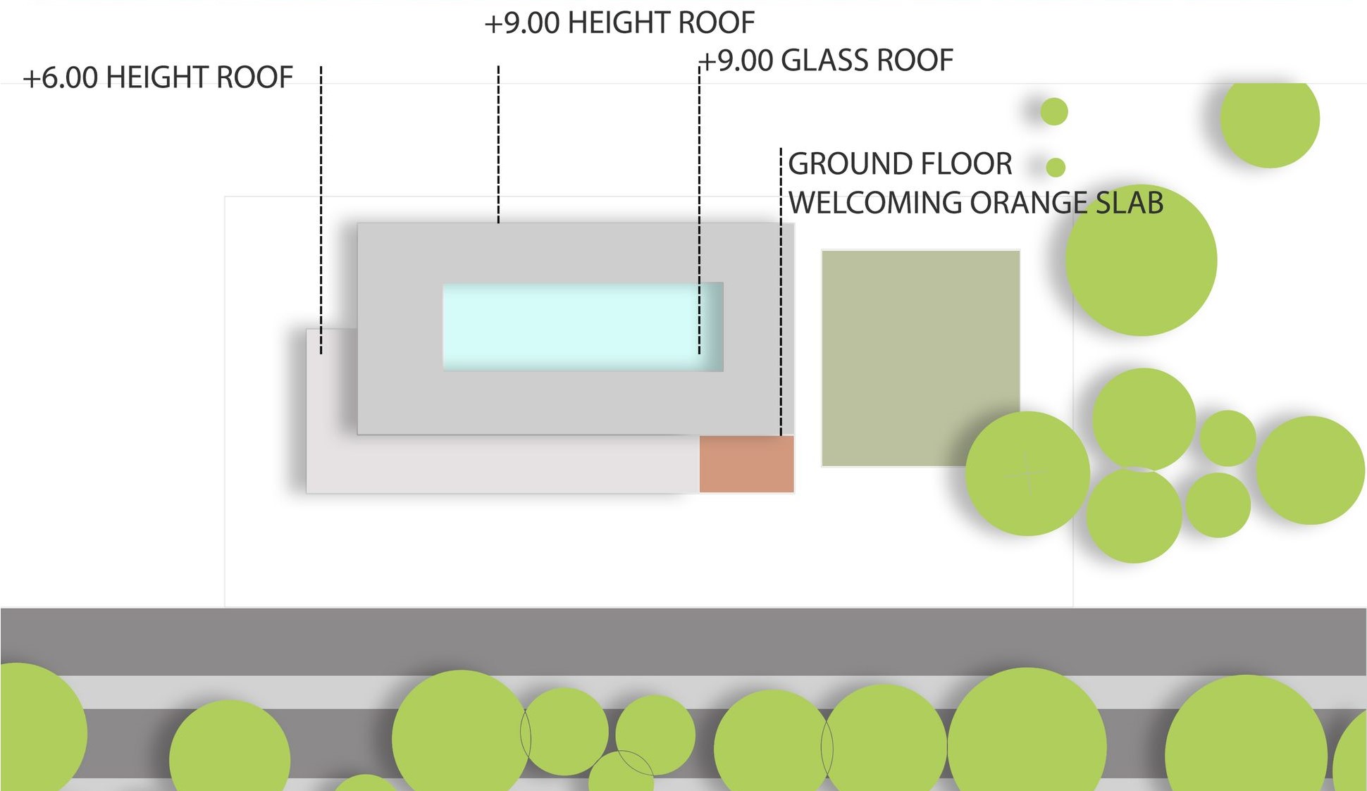 Architectural diagram: building heights, roof types, and landscaping.