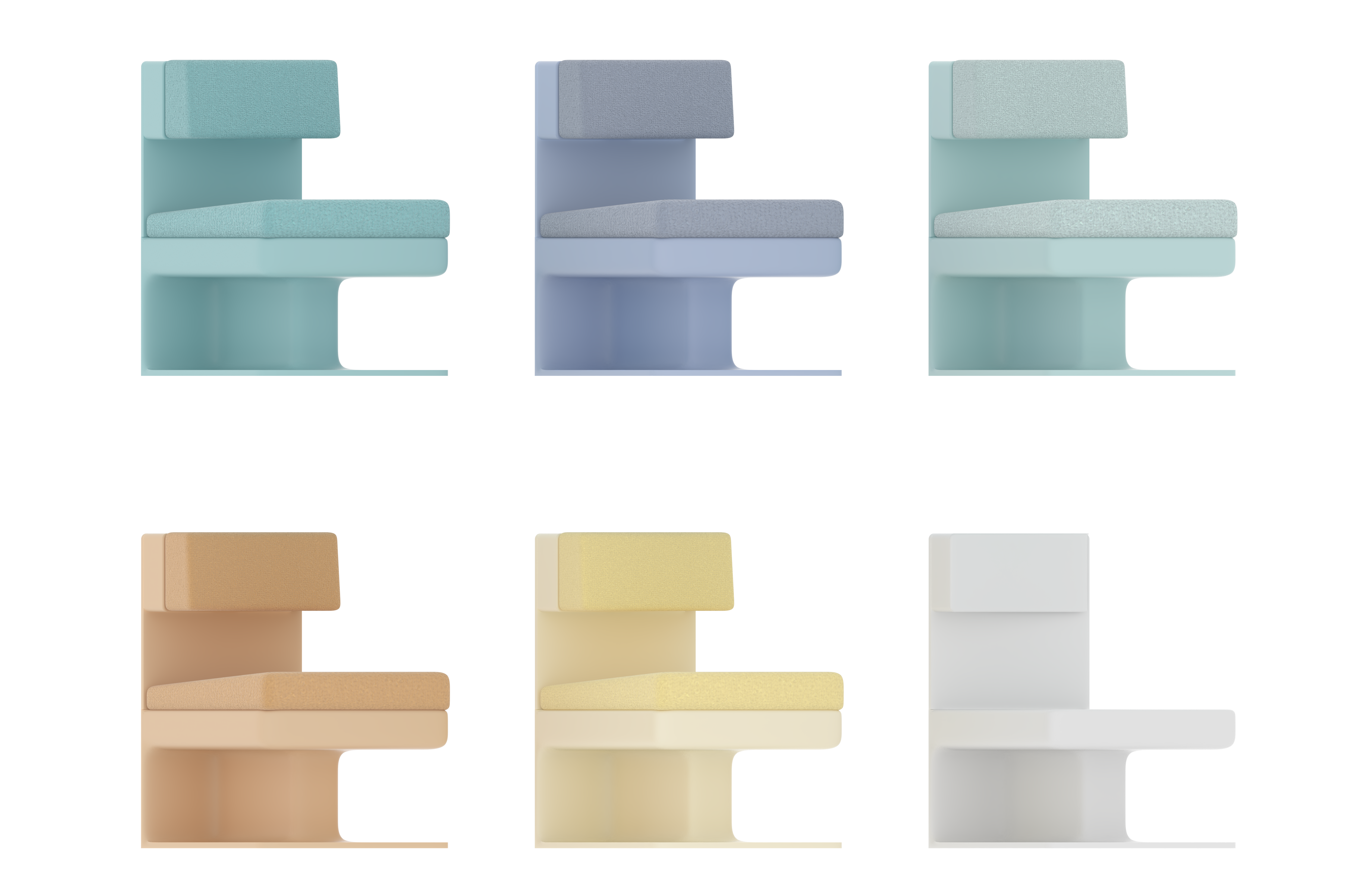Color variations of the sofa module - as follows - angelite, amethyst, aquamarine, amber, citrine and neutral white base.