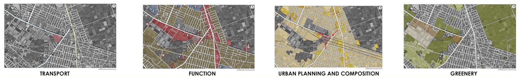 Urban planning maps: transport, function, composition, and greenery.