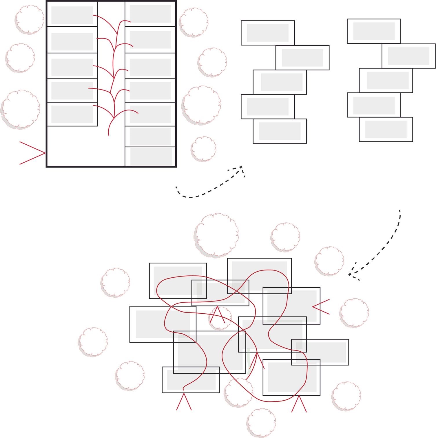 Architectural diagrams showing evolution of workspace design.