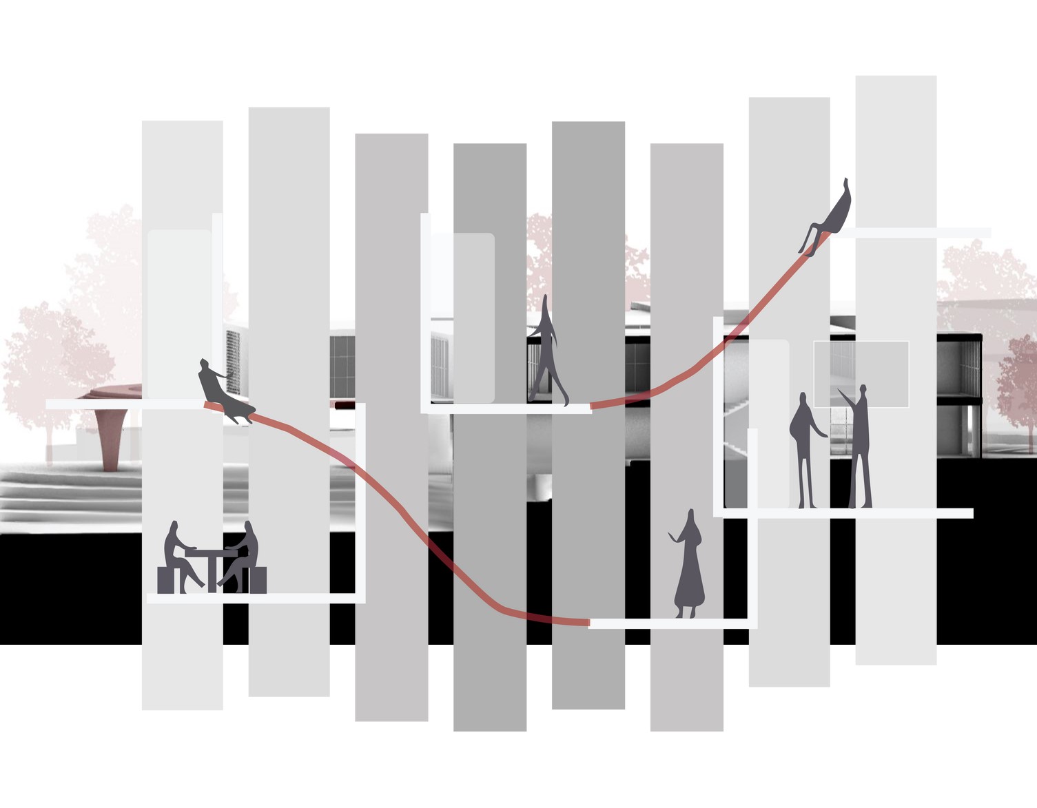 Conceptual architectural section showing dynamic ramp in a workspace.