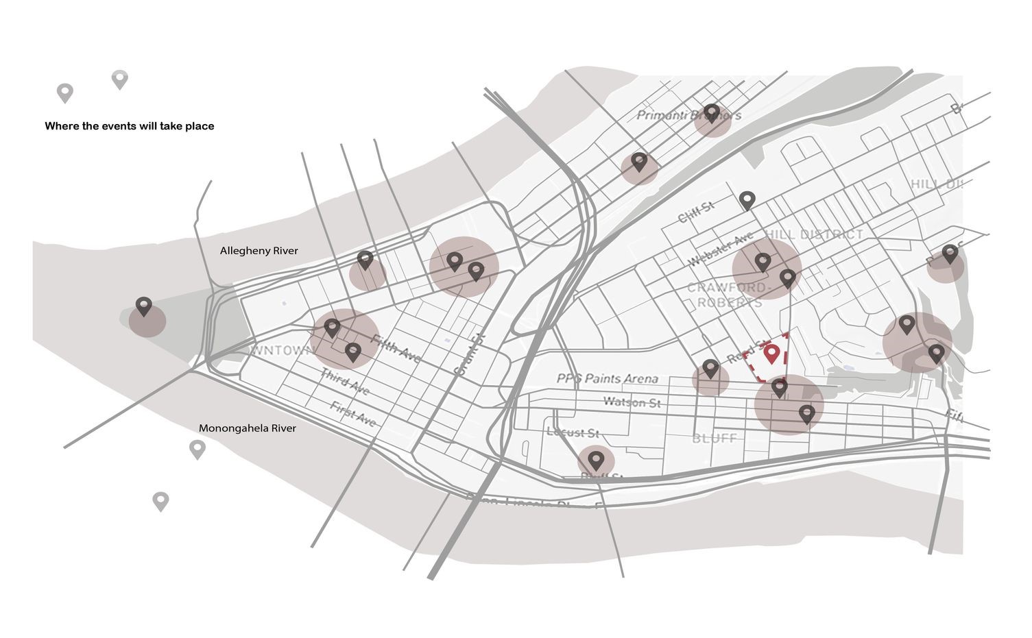 Map of Pittsburgh highlighting event locations.