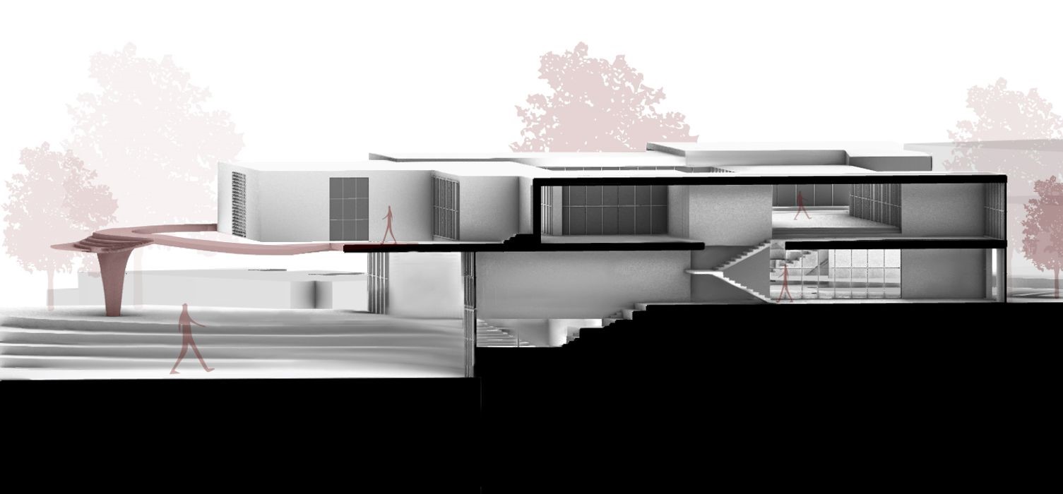 Building section illustrating open workspace with ramp access.