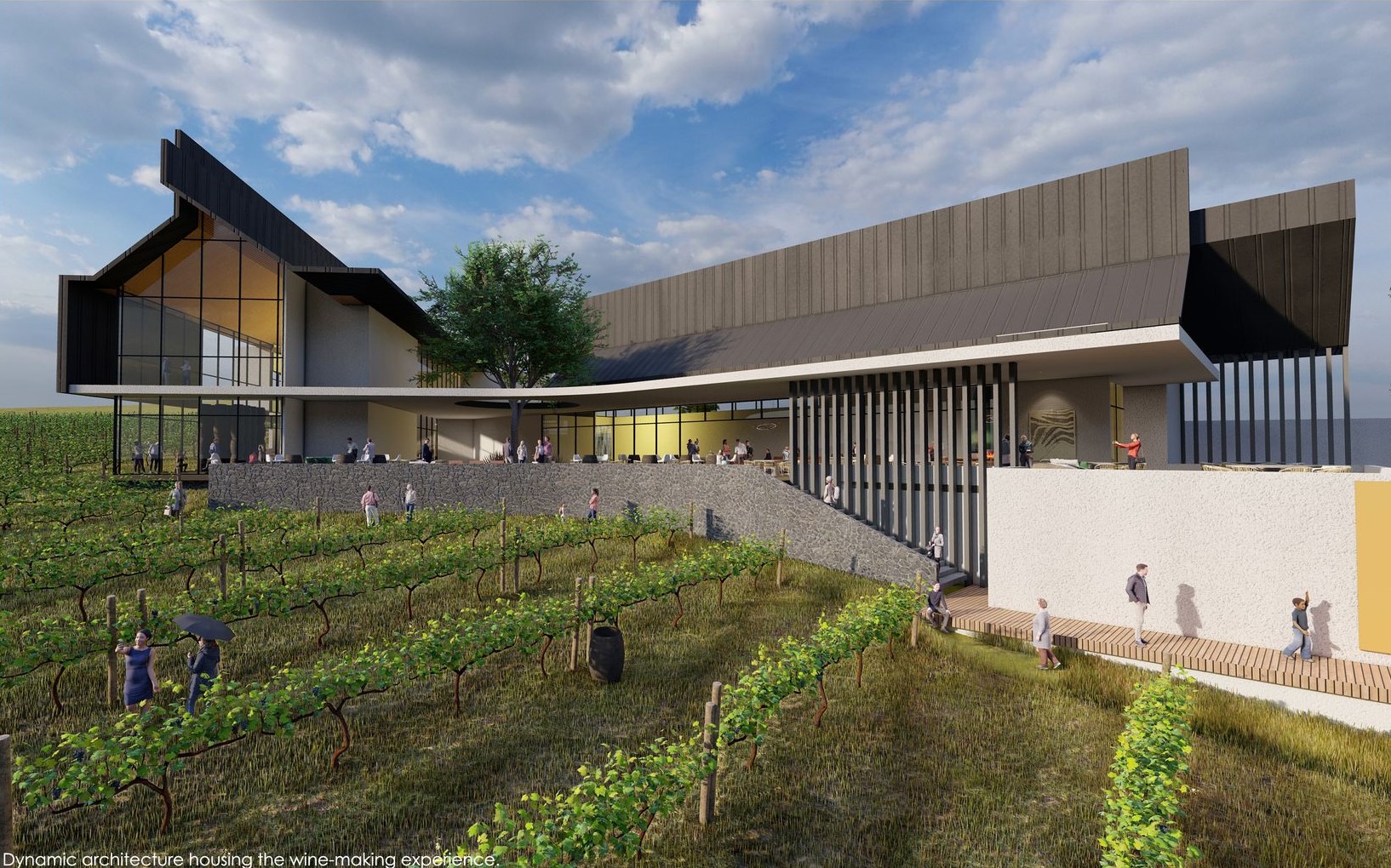 Dynamic architecture housing the immersive wine-making experience.