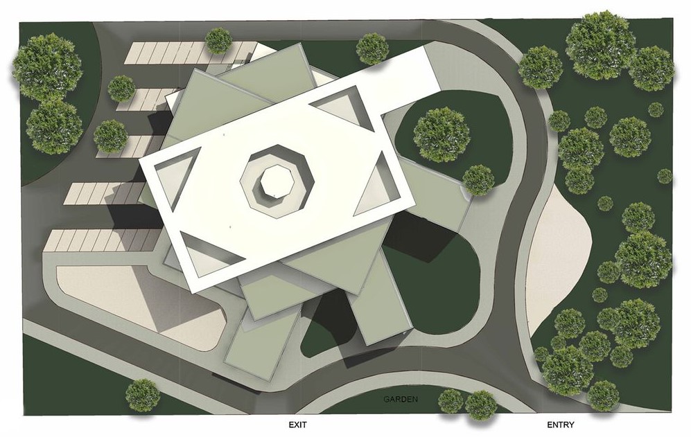 Top view of Wiedza with green spaces and entry paths.