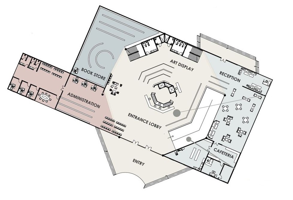 Ground floor plan with lobby, bookstore, and cafeteria.