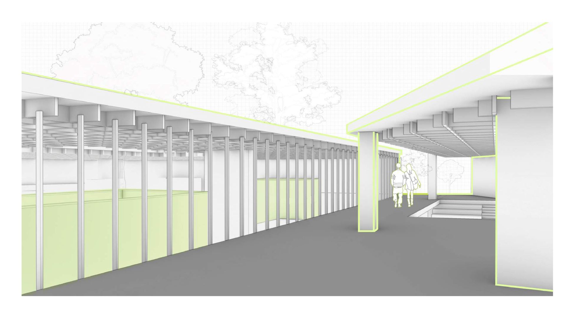 Open office with green roof, integrating work and play.