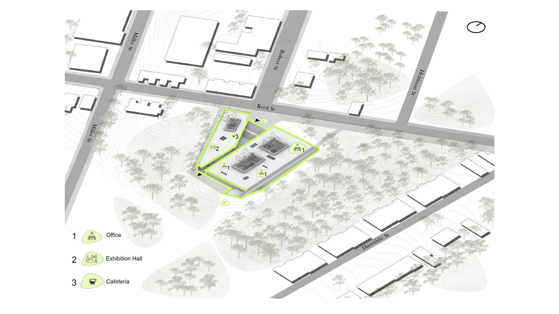 Green workspace blends with city, maximizing public park space.