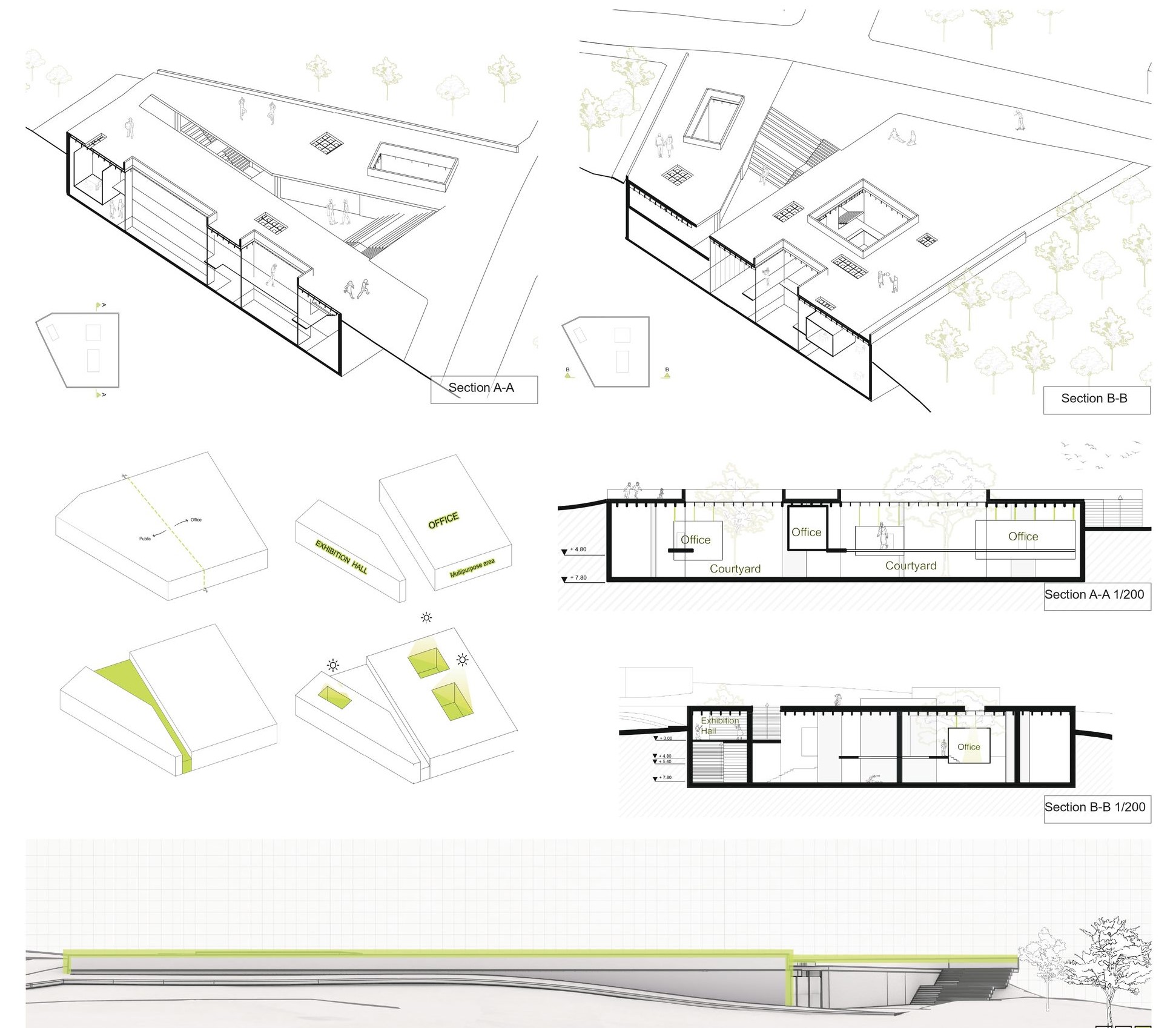 Underground offices with courtyard gardens and a public green roof.