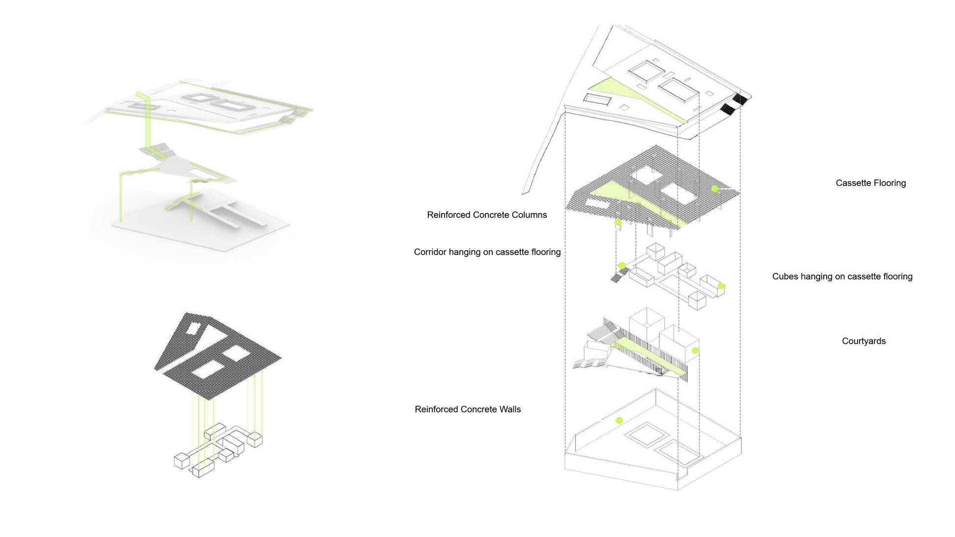Suspended office cubes and corridors maximize green space below.