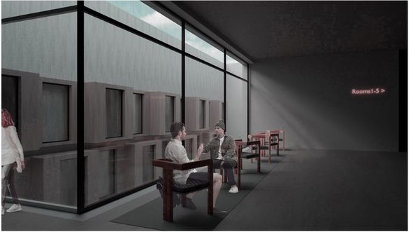 Indoor seating area with view of the light courtyard.