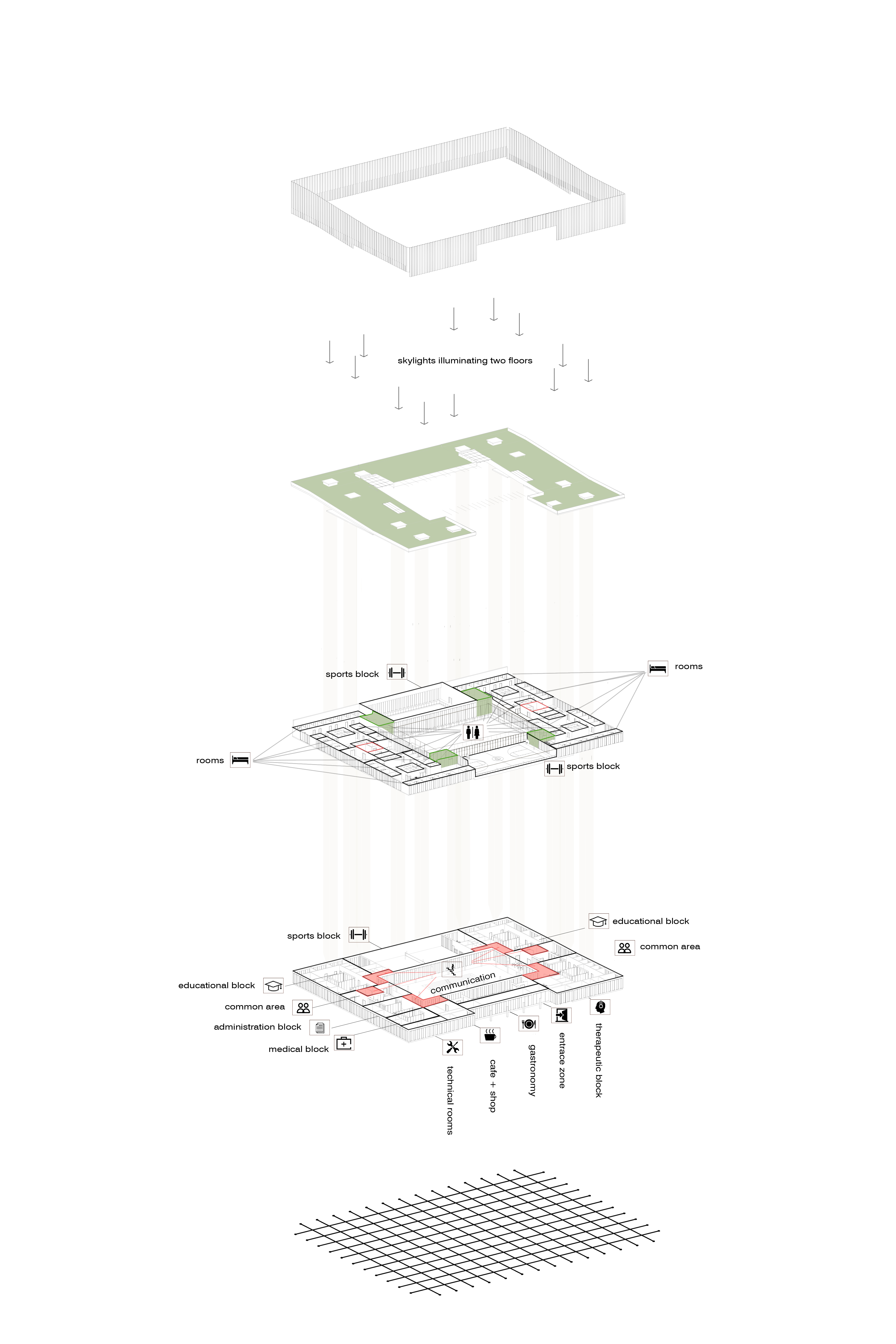 Exploded view of the Matched Family center's architectural design.