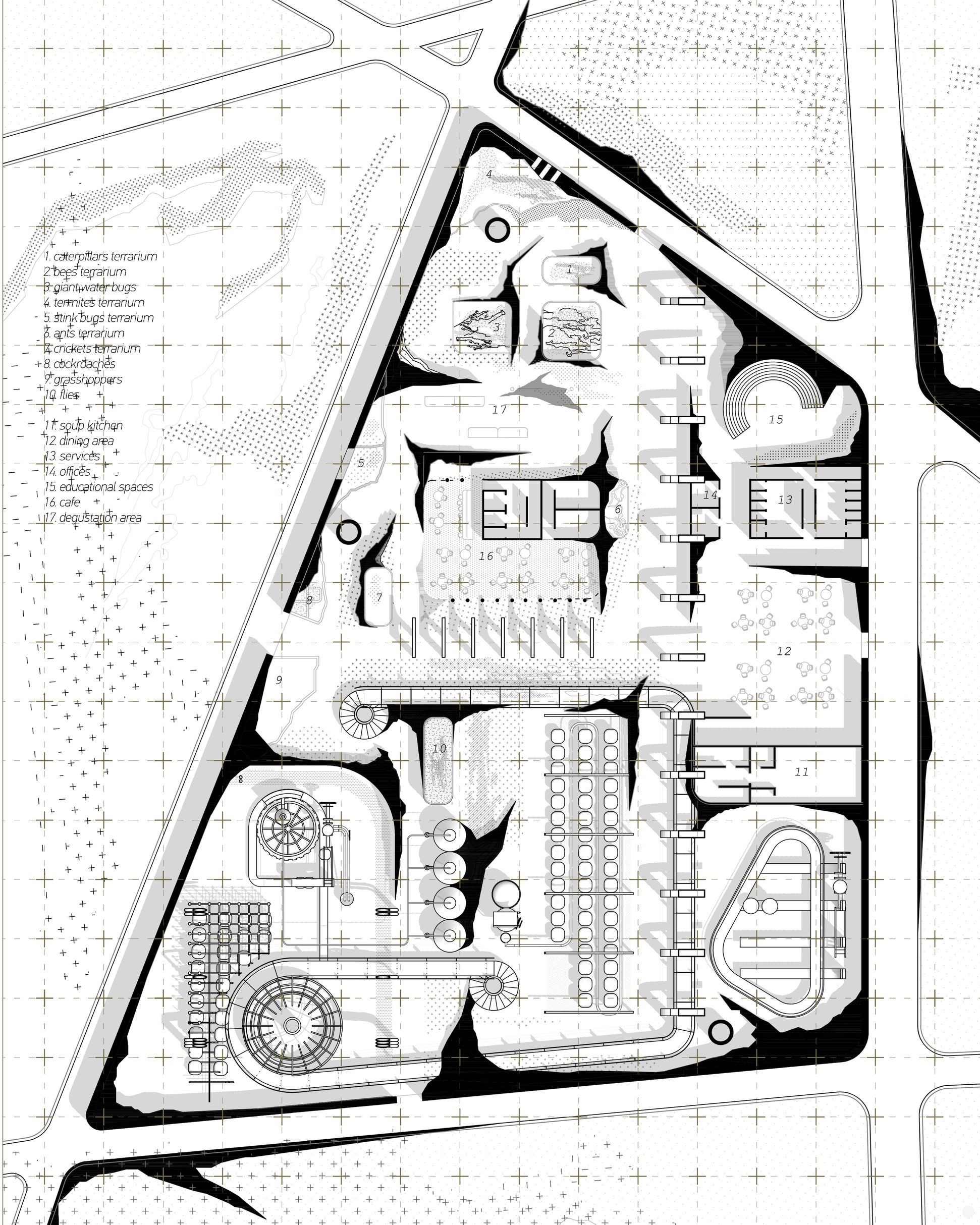 Master plan of Feast of Flight Factory showcasing insect farming zones.