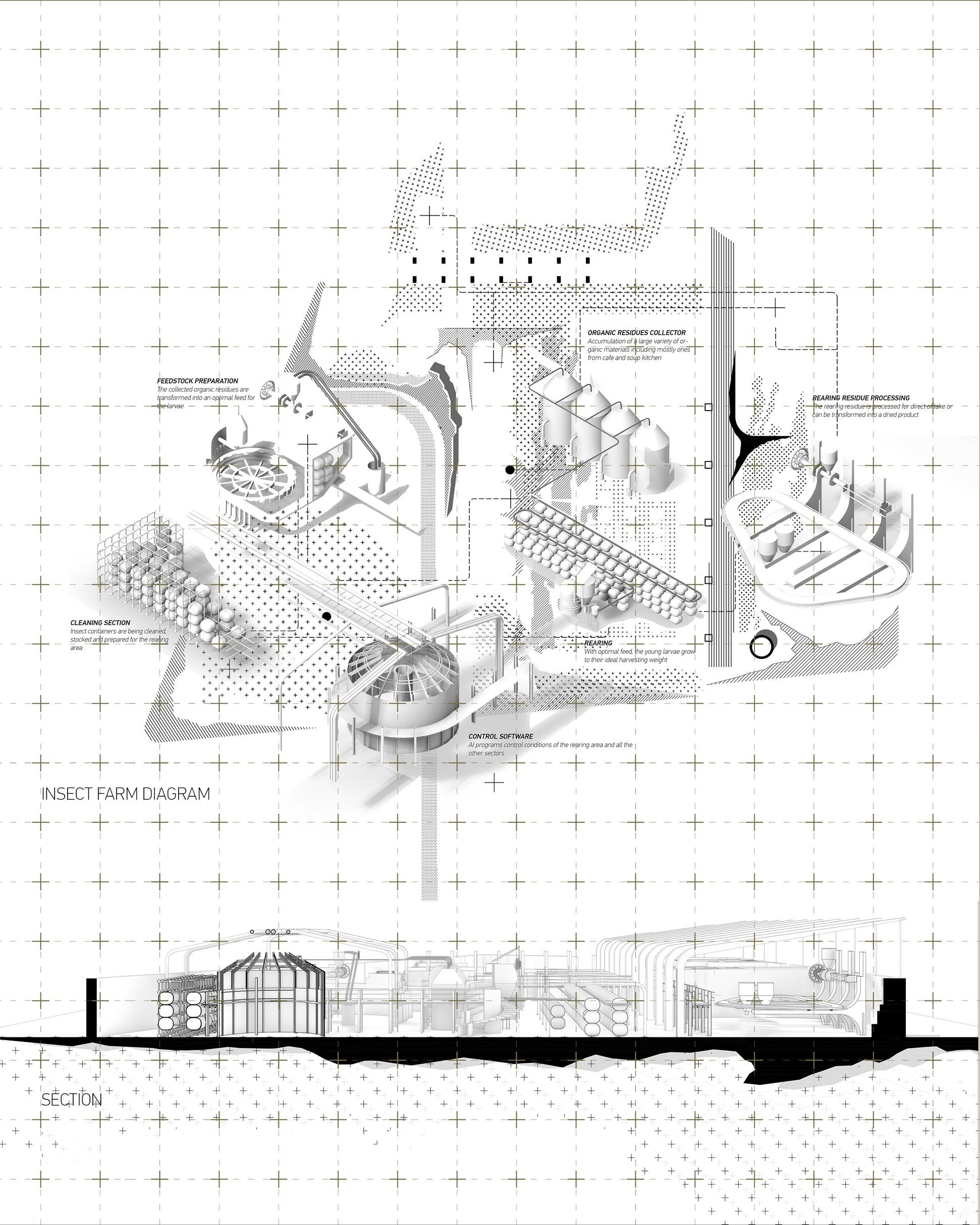 Insect farm diagram illustrating closed-loop system and organic waste processing.