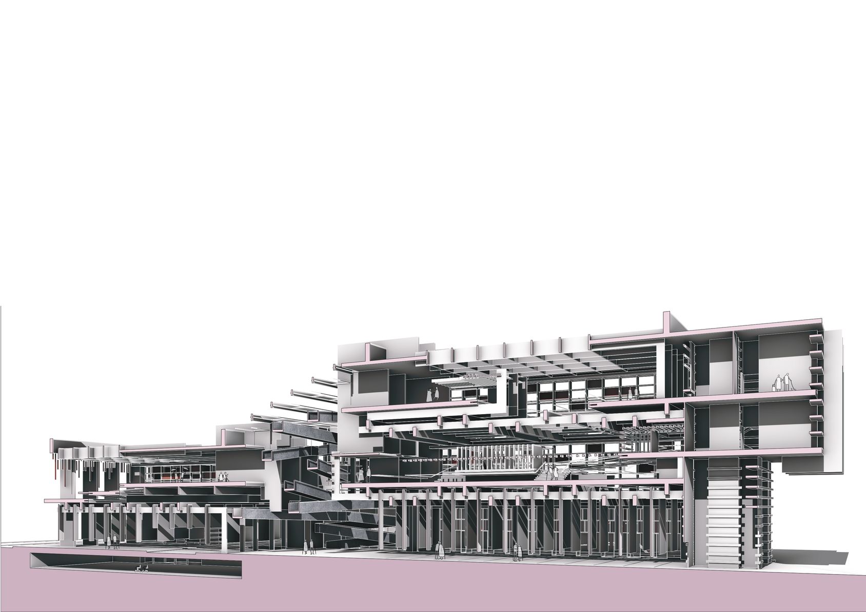 Megastructure marketplace: planes, ramps, light, and community.