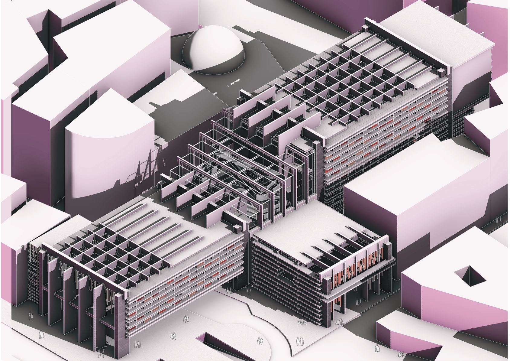 Elevated marketplace: interlocking planes, dynamic spaces, urban revitalization.