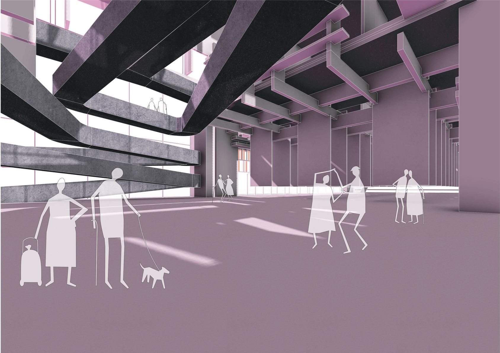 Megastructure interior: planes, light, accessibility, community gathering space.