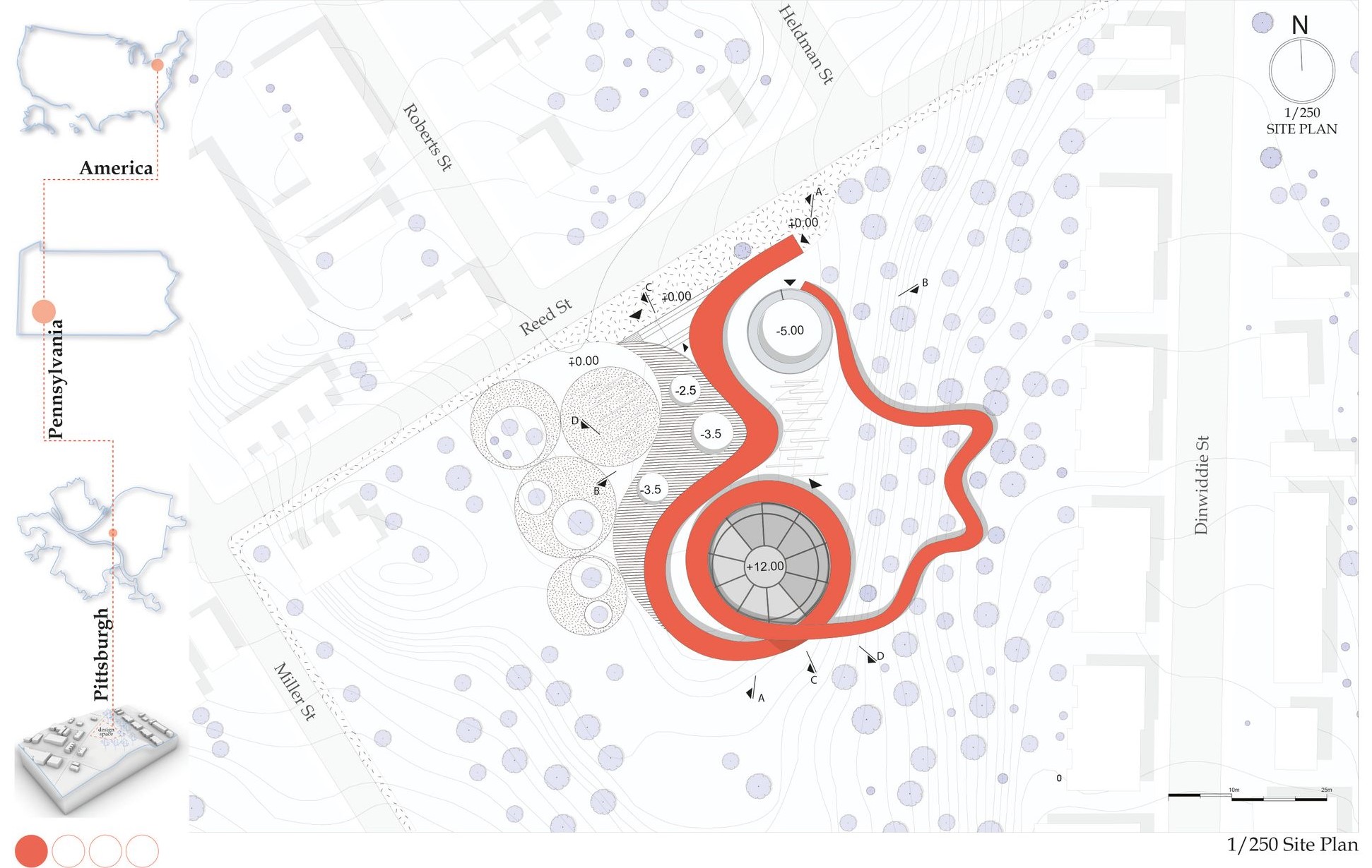 Site plan: "FLOW" integrated into the urban fabric.