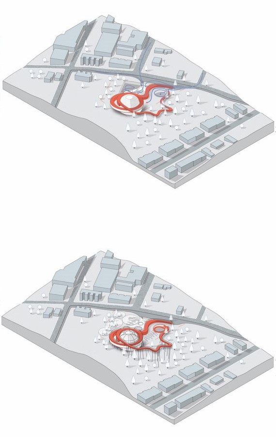 Architectural response: Interconnected structures and the ramp.