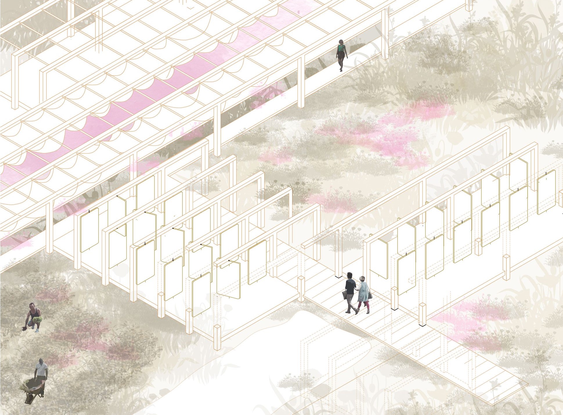 Open-air tea pavilion with walkways encourages community interaction.