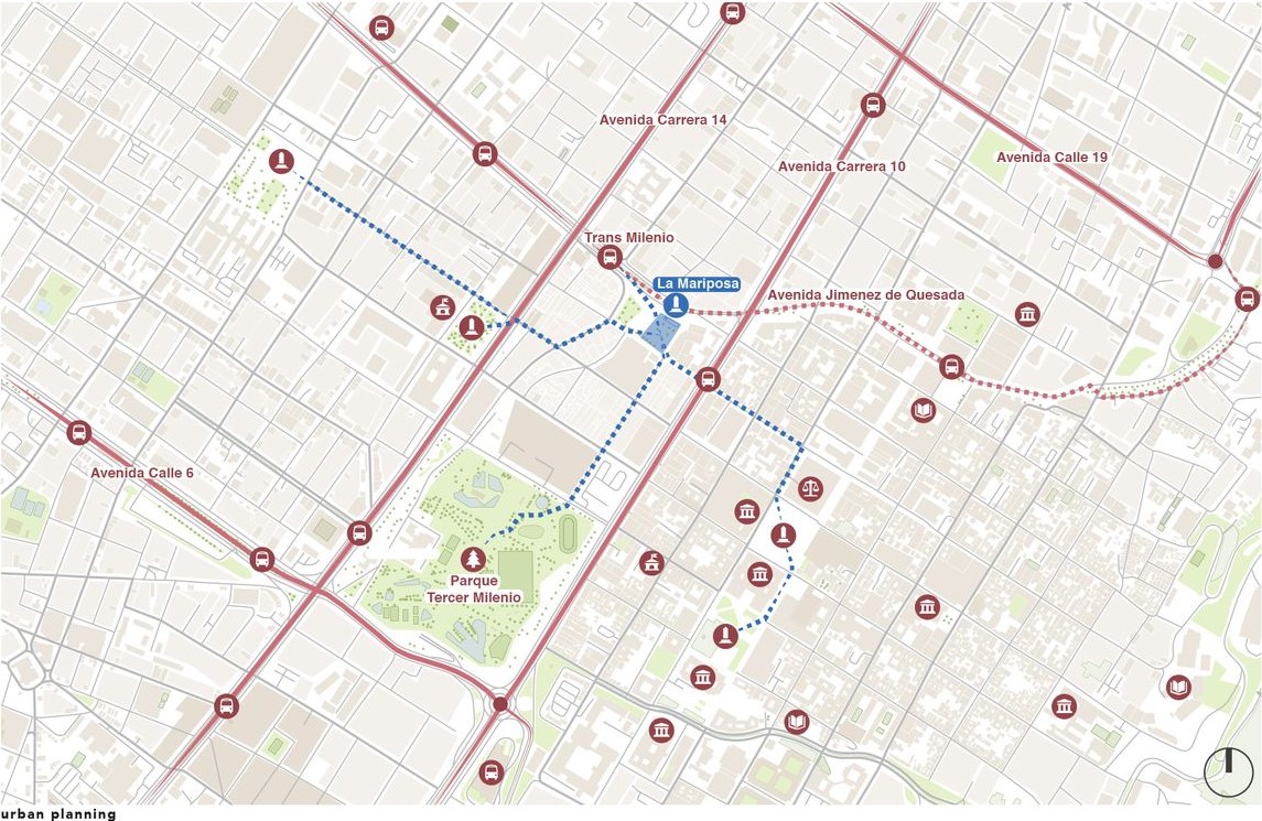 Urban context map: La Mariposa plaza location, transportation, and surrounding amenities.
