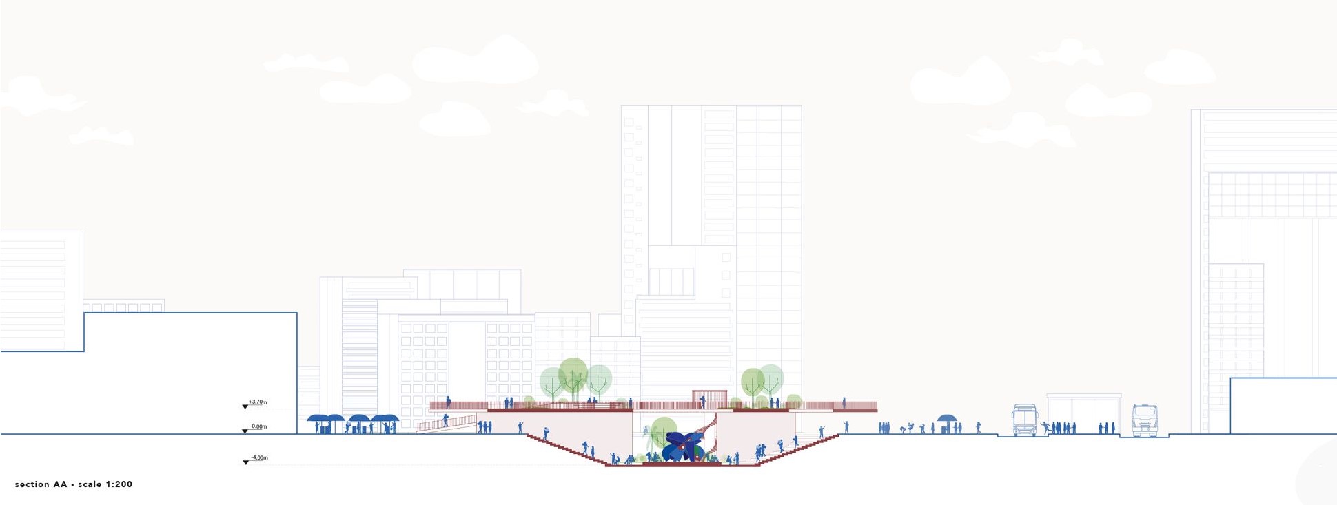 Plaza redesign: Section drawing showcasing multi-level public space and urban context.
