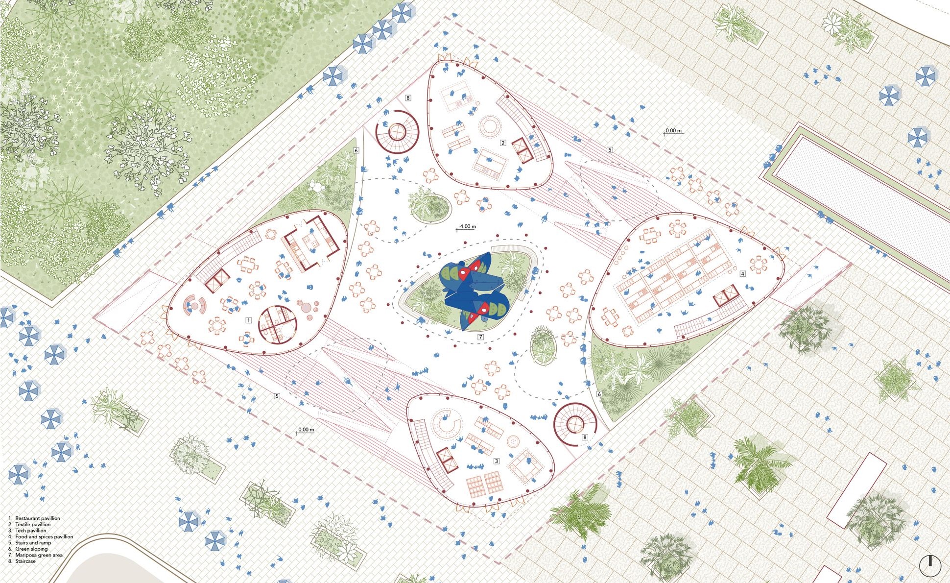 Plaza redesign: Ground floor plan illustrating pavilions, landscaping, and pedestrian circulation.