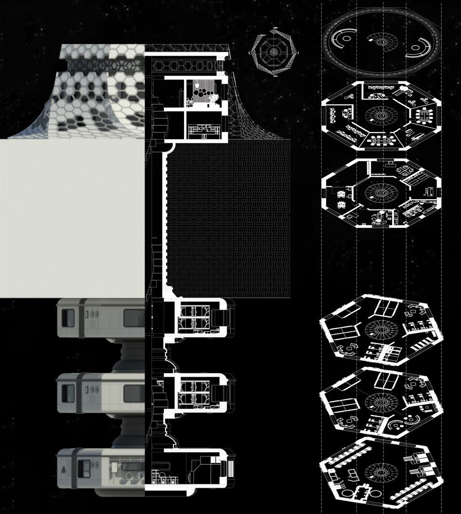 Multi-level hexagonal units maximize space and functionality.