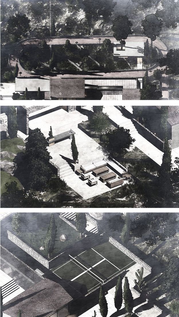 Aerial view of villa with lush greenery.