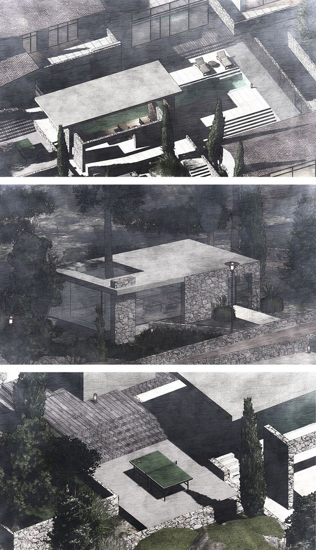 Stone guesthouse nestled in greenery.