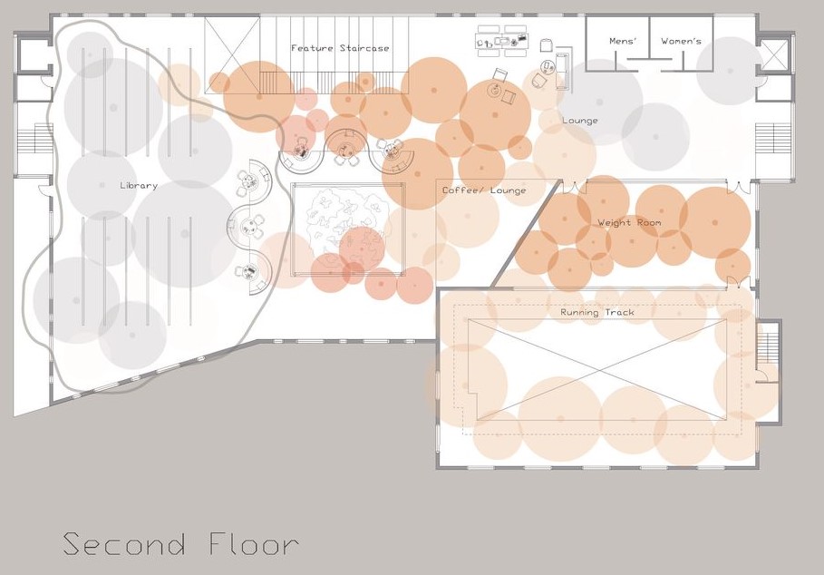 Second floor plan featuring library, lounges, and fitness areas.