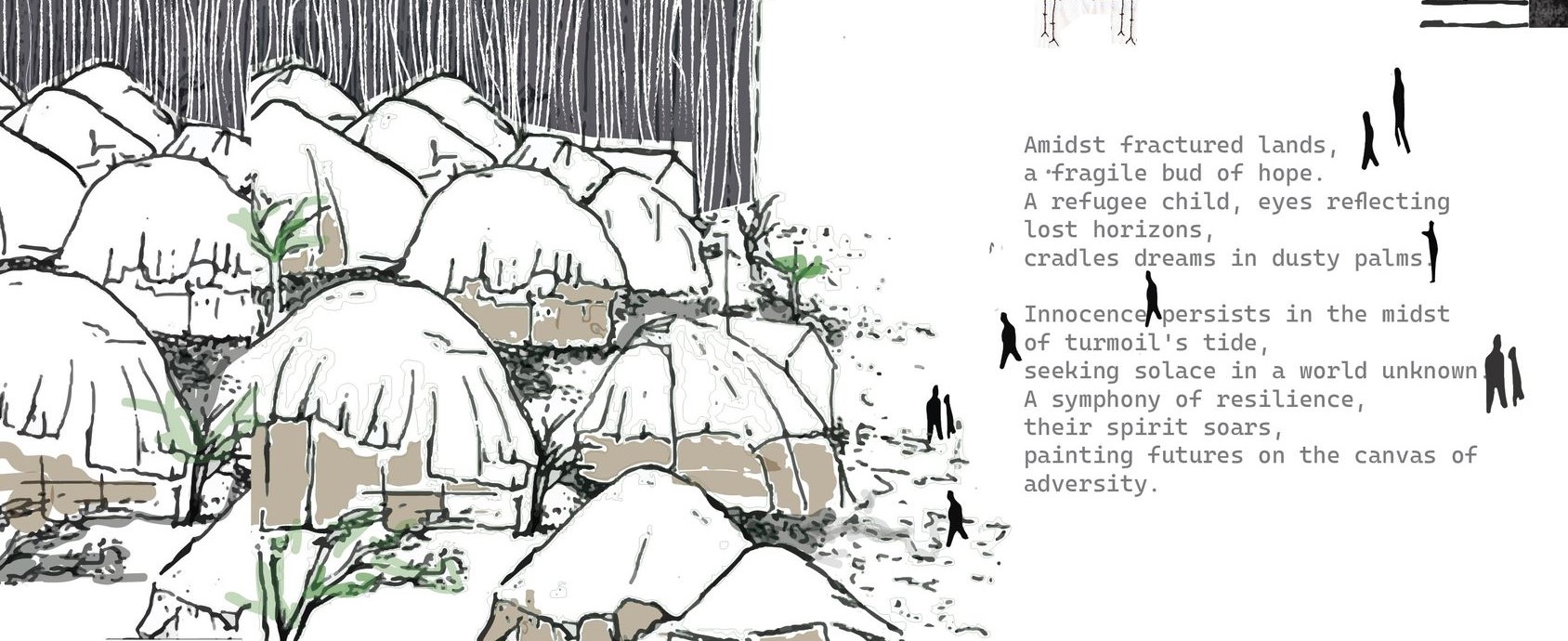 Refugee camp huts amidst a hopeful landscape.