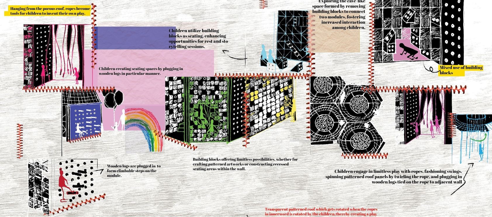 Children engage in creative play with building blocks.